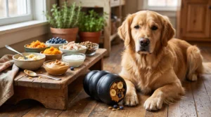 Dog beside a homemade stuffed Kong with dog-safe fillings
