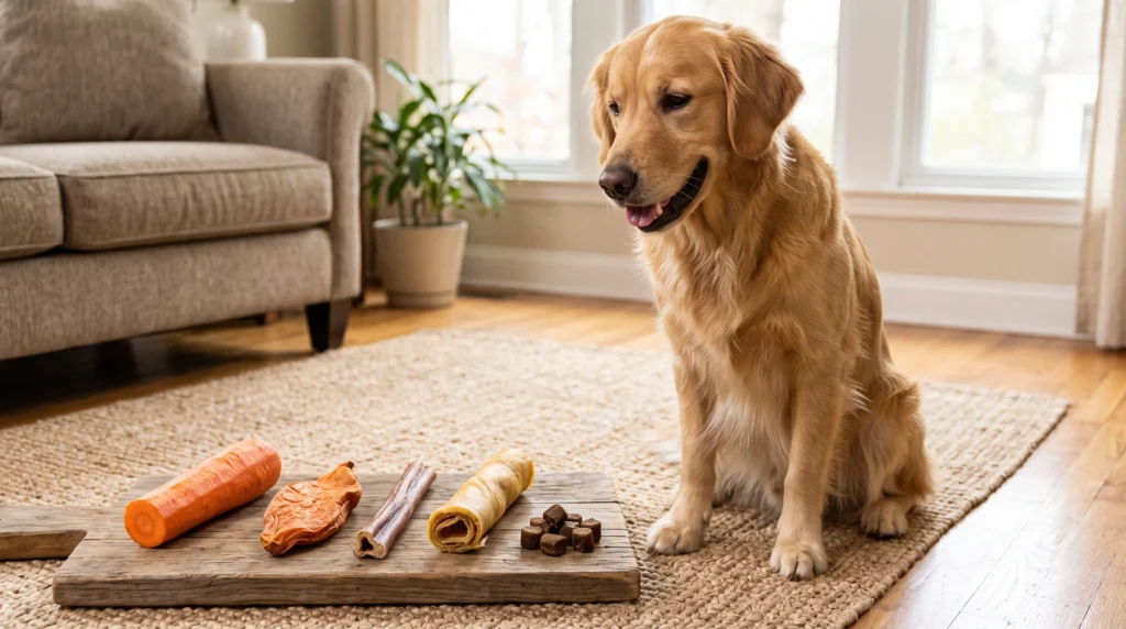 Different digestible dog chews including bully sticks sweet potato and carrot