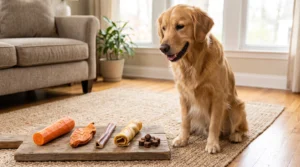 Different digestible dog chews including bully sticks sweet potato and carrot