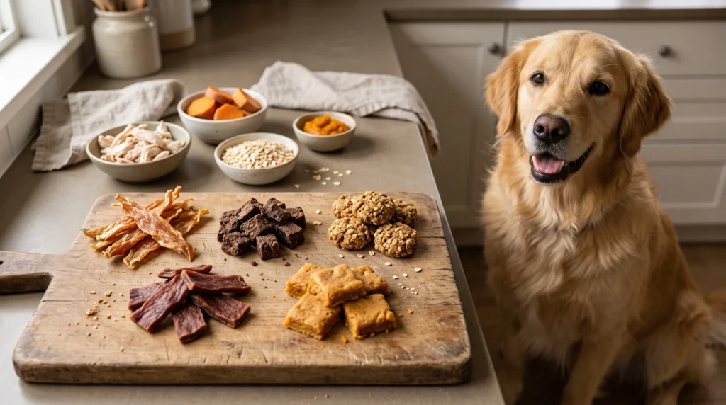 Five homemade chewy meat dog treats including chicken jerky and beef chews
