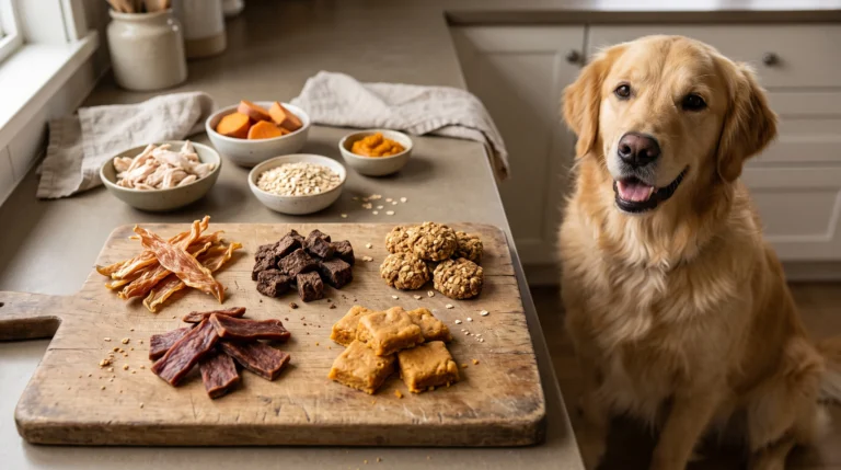 Five homemade chewy meat dog treats including chicken jerky and beef chews