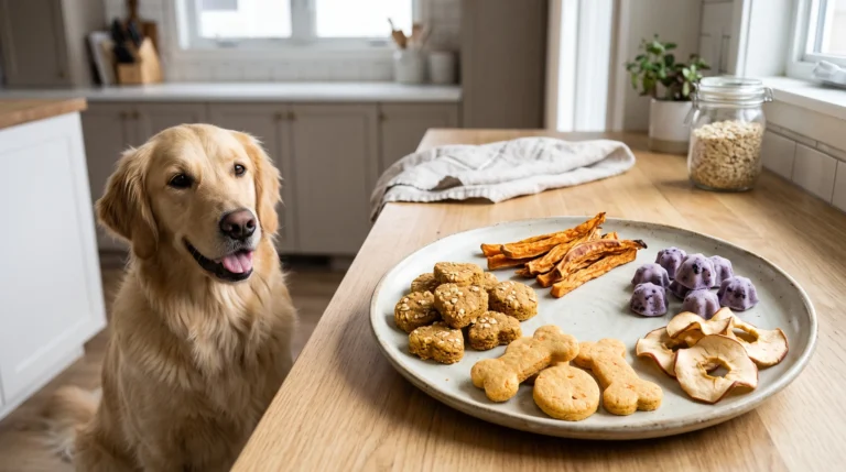 Five varieties of homemade allergy-friendly dog treats arranged beside a Golden Retriever.