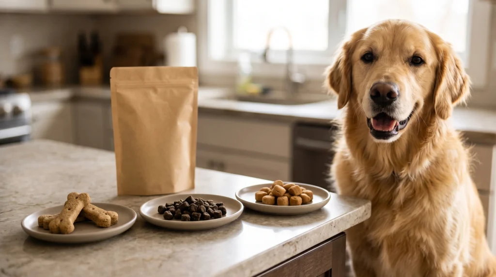 Three types of dog treats arranged beside a golden retriever for a treat review.