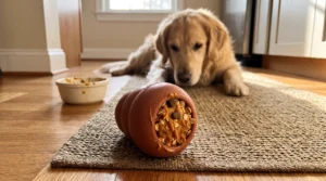 Rubber dog toy filled with homemade peanut butter, pumpkin, banana, and oat filling.