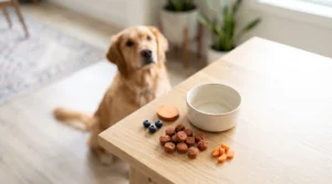 Soft chewy dog training treats arranged beside a bowl with a golden retriever in the background.