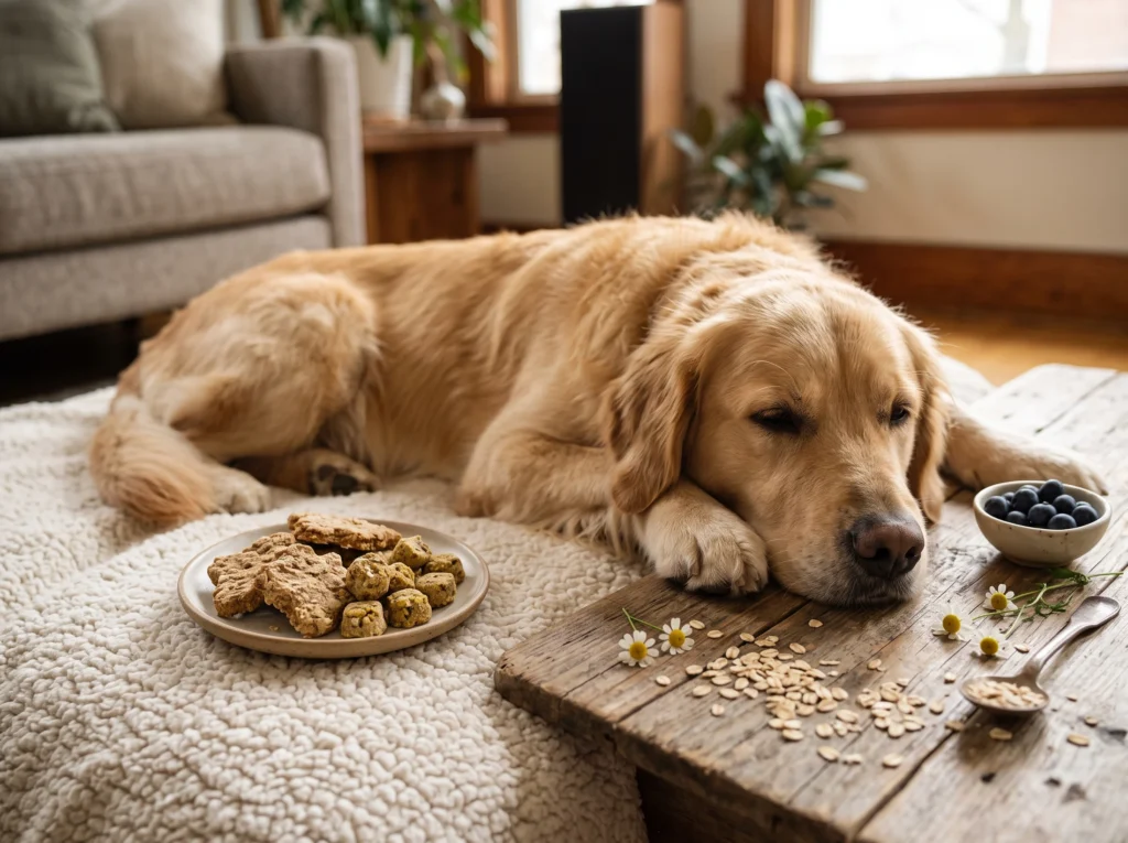 “Calm golden retriever with homemade calming dog treats”