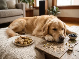 “Calm golden retriever with homemade calming dog treats”