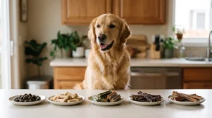 Different types of popular dog treats arranged in front of a golden retriever.