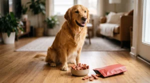 Golden retriever beside bacon-shaped dog treats for a Beggin’ Strips review.