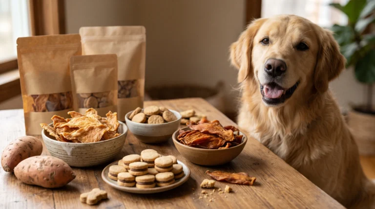 Assorted chicken, sweet potato, and biscuit dog treats featured in a Trader Joe’s dog treats review.