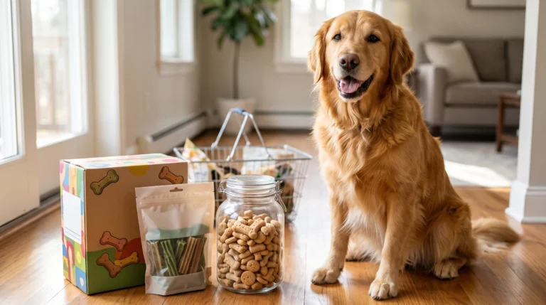 Golden retriever beside bulk dog treats and dental chews for a Costco dog treats review.