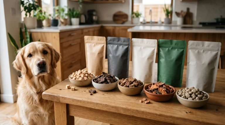 Golden retriever beside bowls of assorted freeze-dried dog treats for a brand comparison.