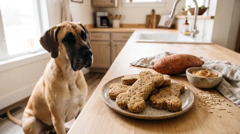 Great Dane beside large homemade sweet potato and peanut butter dog biscuits.