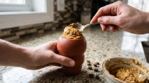 Homemade peanut butter and pumpkin filling being packed tightly into a hollow rubber dog toy.