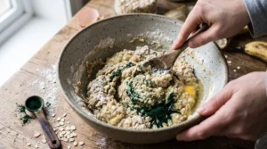 Preparing spirulina banana oat dog treat dough
