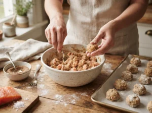 Salmon and flaxseed dog treat dough being shaped into small homemade bites.