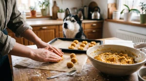 Homemade sweet potato energy bites cooling beside a Siberian Husky after exercise.