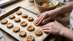 Shaping soft sweet potato and banana treats for dogs before baking
