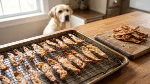 Homemade chewy chicken jerky strips for dogs cooling on a wire rack