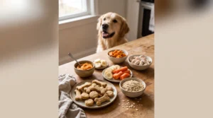 Oats, pumpkin, banana, carrot, sweet potato, and cooked chicken for simple homemade dog treats.