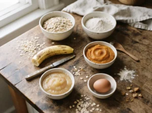 Rolled oats, oat flour, banana, pumpkin, applesauce, and egg for homemade dog treats.