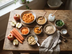 Organic fruits, vegetables, oats, peanut butter, and coconut oil for homemade dog treats.