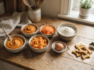 Pumpkin, sweet potato, carrots, oat flour, and egg for homemade kidney-conscious dog treats.
