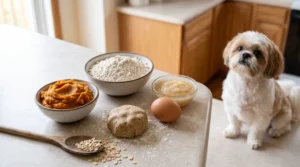 Plain pumpkin, oat flour, unsweetened applesauce, and egg for homemade Shih Tzu treats.