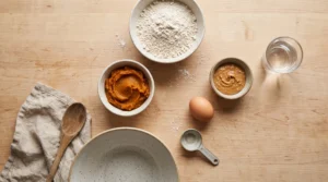 Oat flour, plain pumpkin puree, xylitol-free peanut butter, egg, and water for homemade dog treats.