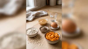 Sweet potato, oat flour, egg, xylitol-free peanut butter, and ground flaxseed for homemade Husky treats.