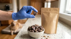 Freeze-dried chicken heart dog treats being inspected as part of a pet food safety check.