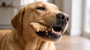 Dog chewing a crunchy biscuit for gentle mechanical dental support