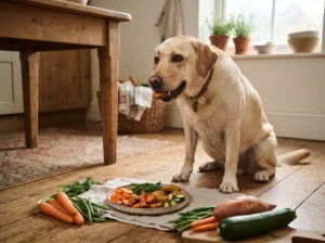 Labrador Retriever enjoying healthy homemade vegetable dog treats.