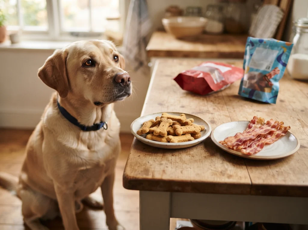 Labrador Retriever beside crunchy dog biscuits and soft bacon-style dog treats.