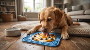 Dog calmly licking a frozen lick mat for a longer relaxing session 