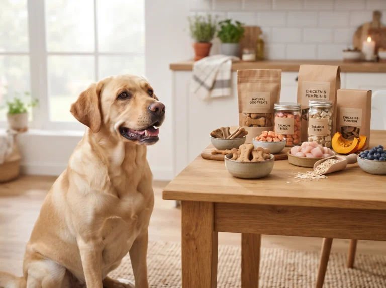 Labrador Retriever beside a selection of commercial dog treats and natural ingredients.