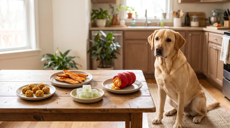 Yellow Labrador Retriever beside homemade low-calorie pumpkin oat bites, sweet potato chews, frozen green bean cubes, and a stuffed Kong.