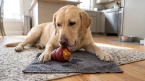 Labrador retriever licking a frozen peanut butter and pumpkin filled rubber dog toy on a washable mat.