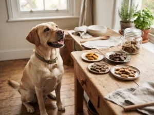Labrador Retriever beside homemade omega-3-rich treats for healthy skin and coat.