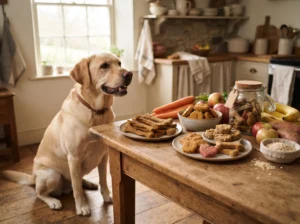 Labrador Retriever beside an assortment of homemade organic dog treats.