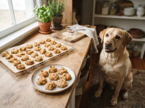 Freshly baked egg-free oatmeal peanut butter dog treats cooling beside a Labrador.