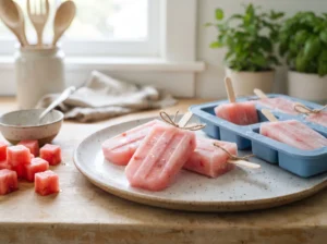 Frozen watermelon pupsicles made with watermelon and plain yogurt for dogs.