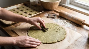 Shaping green spirulina pumpkin dog biscuits before baking