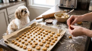 Shih Tzu beside tiny homemade pumpkin-oat treats cooling on a wire rack.