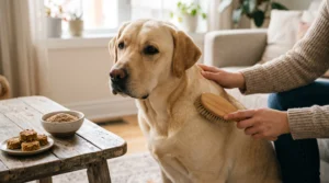 Healthy shiny dog coat supported by flaxseed treats and regular grooming