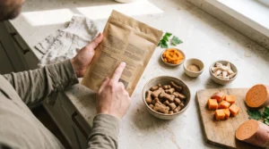 Dog owner checking a dog treat ingredient label beside chicken, sweet potato, and pumpkin.