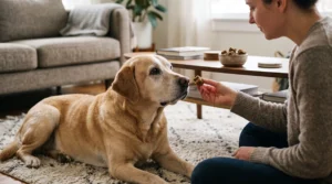 Senior dog enjoying a soft easy-to-chew treat