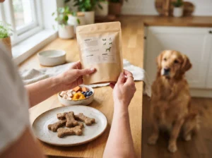 Pet owner checking a dog treat ingredient label while natural ingredients sit nearby.