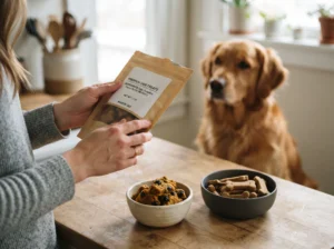 Owner comparing dog treat ingredients and checking a commercial treat label.