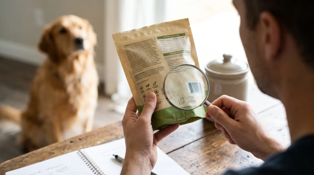 Dog owner inspecting a treat package batch code and expiration date for recall information.